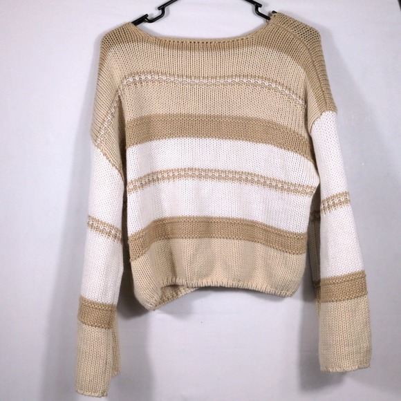 Sincerely Jules Women Beige White Striped Chunky Knit V-Neck Cropped Sweater M - Picture 6 of 6